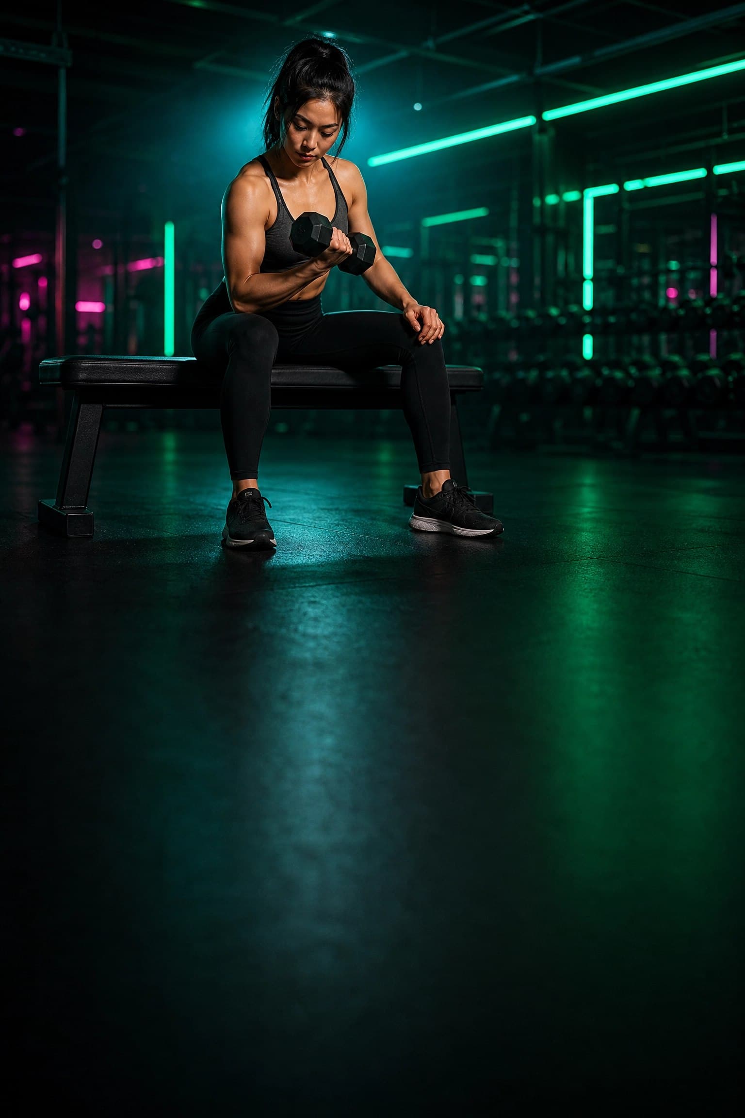 Hội viên FitZone ngồi trên ghế tập, tập tạ đơn trong phòng gym